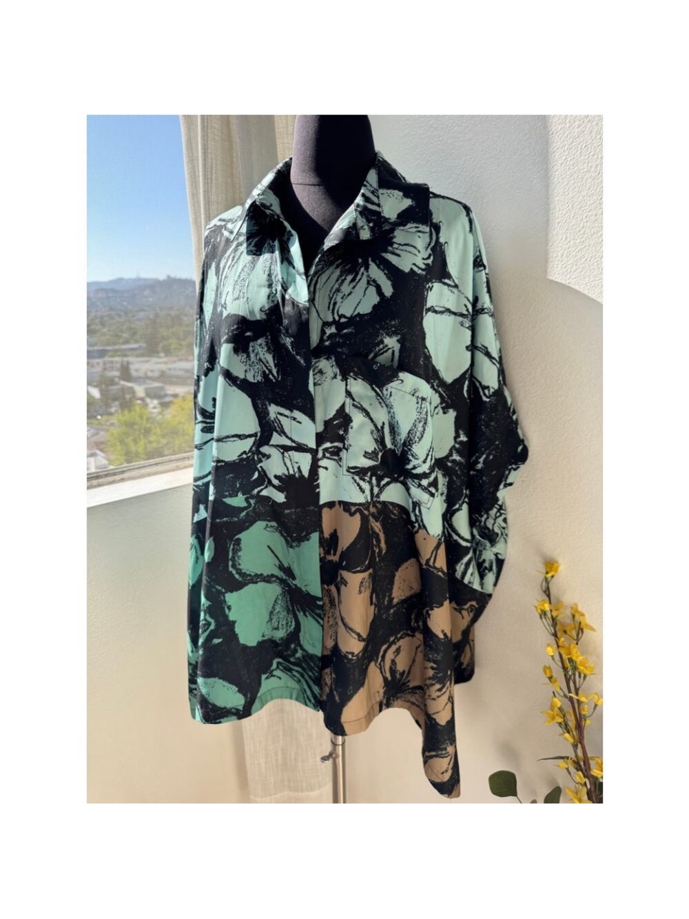 STINE GOYA S Oversized Floral Button-Up in Mint, Black & Tan